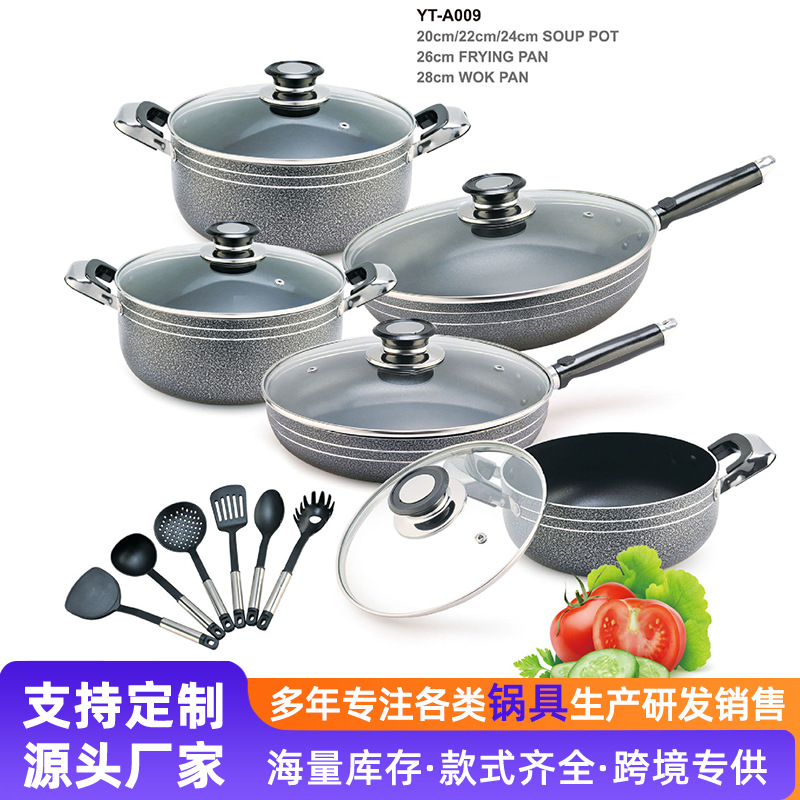 Cacerola antiadherente de aluminio de 16 piezas, pote de la sopa, sartén, wok, exportado a África, Suramérica, Kenia