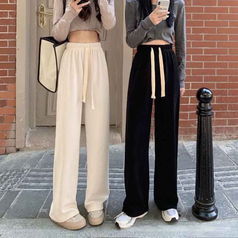 秋季新款复合牛奶丝奶油裤女高腰显瘦直筒阔腿裤宽松抽绳腰软软裤