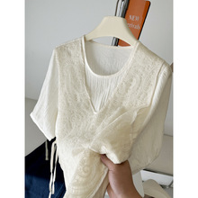 甜美仙 蕾丝假两件短袖衬衫女春夏季洋气宽松显瘦5分袖恤上衣