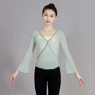 古典舞蹈艺考演出服女上衣长袖身韵弹力纱衣系带基训芭蕾练功服