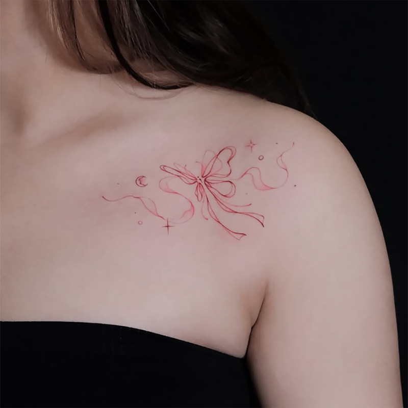 New Cross-Border Tattoo Stickers Pink Waterproof Long-Lasting Female Arm Bow Disposable Temporary Tattoo Stickers