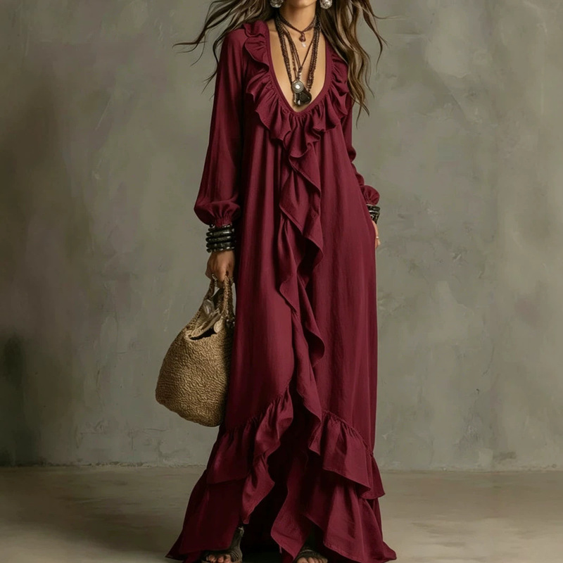 Cross-Border European and American Style Casual Bohemian Urban V-Neck Short-Sleeve Ruffled Vintage Long-Sleeve Dress for Export Cross-Border European and American Style Casual Bohemian Urban V-Neck Short-Sleeve Ruffled Vintage Long-Sleeve Dress for Export