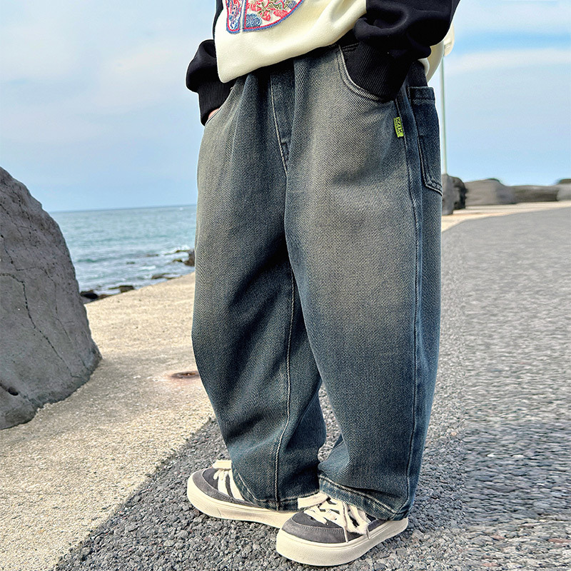 (2개) 동화 메모리 2024 봄 새 어린이 바지 어린이 한국어 편지 가죽 라벨 청바지 소년 봄 유행 바지