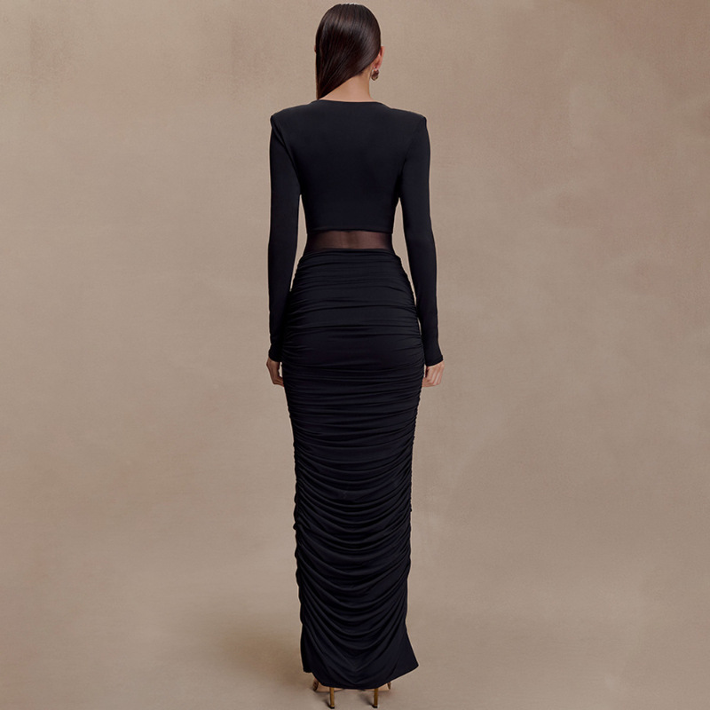 Europa y América transfronterizos otoño / invierno 2025 nuevo color sólido de manga larga profunda V-collar sexy vestido de cadera vacío para mujeres image 5