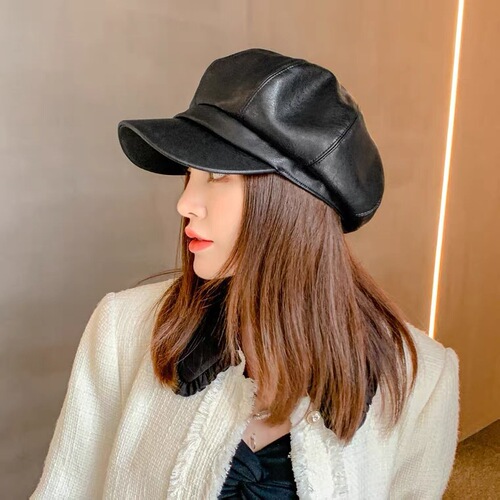 Hat women's Korean style octagonal hat showing face small PU leather peaked hat autumn British trend painter's hat beret