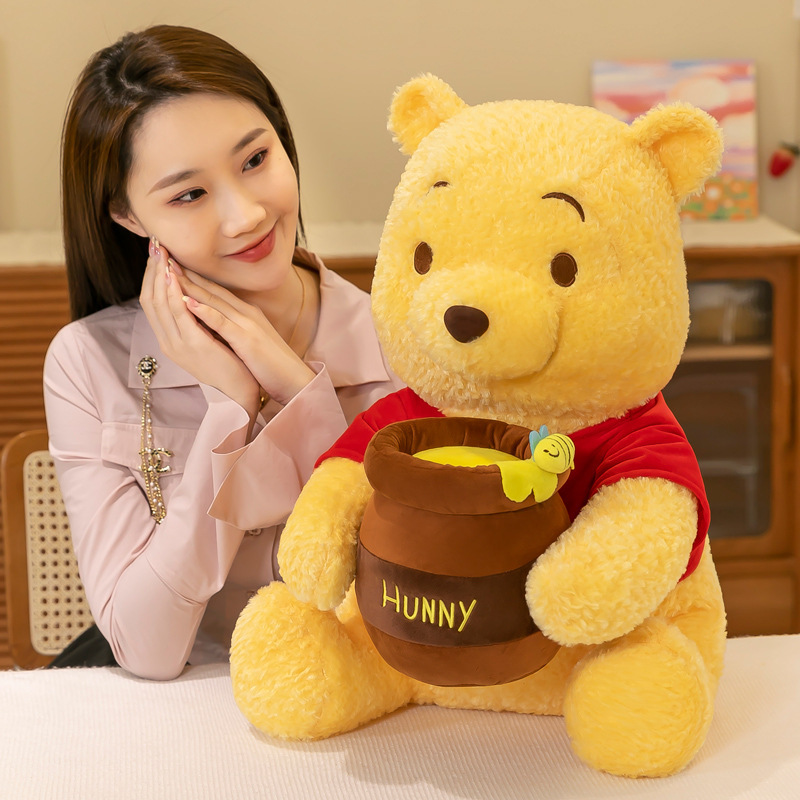 Cute little yellow bear plush doll curly hair holding honey pot Pooh Bear doll girl birthday gift doll wholesale