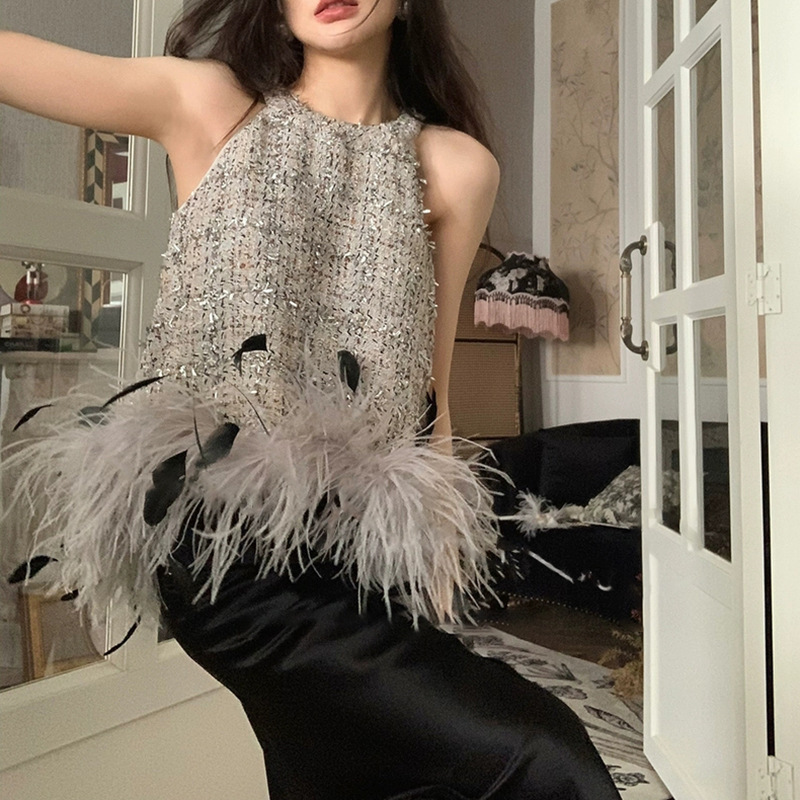 French Style Fluffy Feather Shiny Silk Loose Vest Summer Socialite Light Luxury Slimming Chic Sleeveless Top