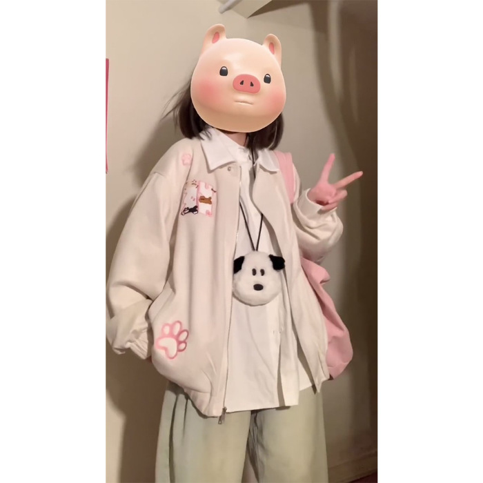 日系卡通小猫毛巾绣翻领卫衣女2025早秋新款慵懒风宽松bf开衫外套|undefined