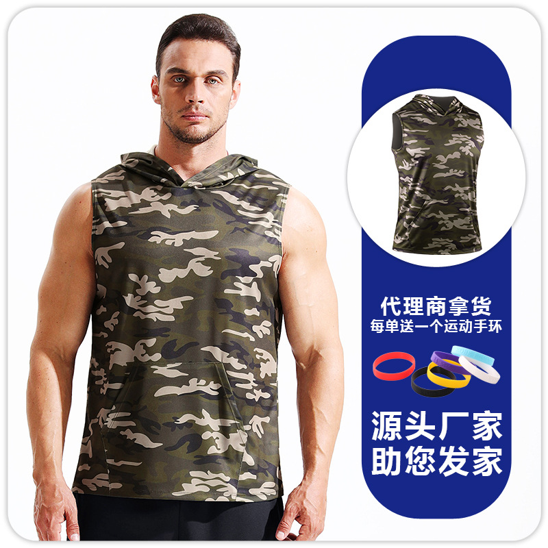 Chaleco con capucha de camuflaje para hombre, camiseta estampada transpirable de secado rápido, top sin mangas informal holgado para correr maratón image 11