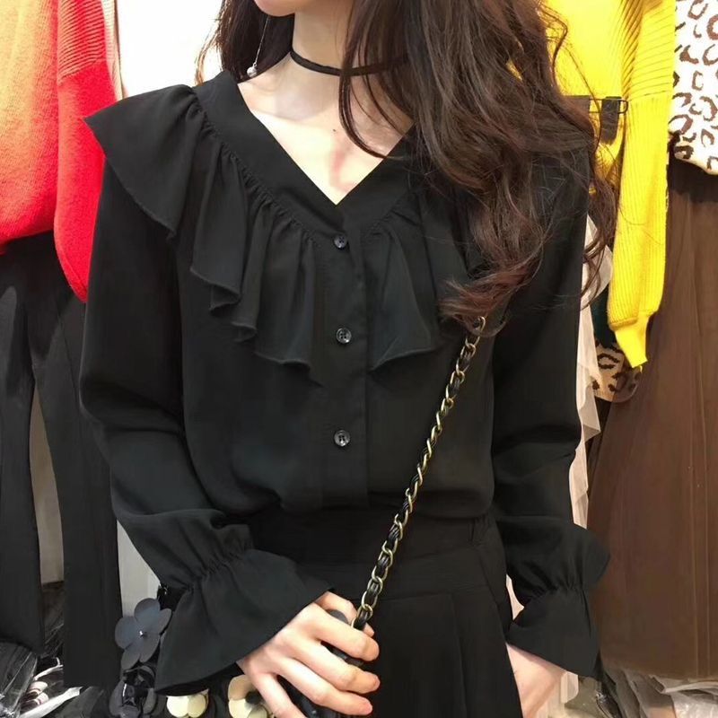 新款春秋季雪纺衫女长袖长袖女设计感宽松小众领荷叶边上衣|undefined