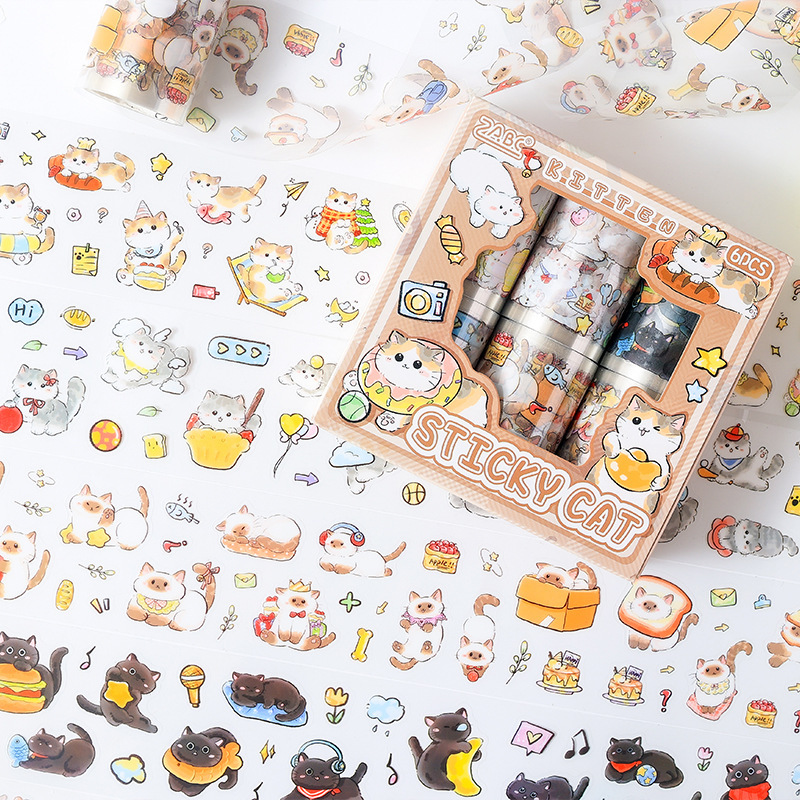 Impresión de gato y cinta de papel, caja de bricolaje, pegatinas de diario de cuentas de mano, pegatinas de gato de animales de dibujos animados retro transfronterizos