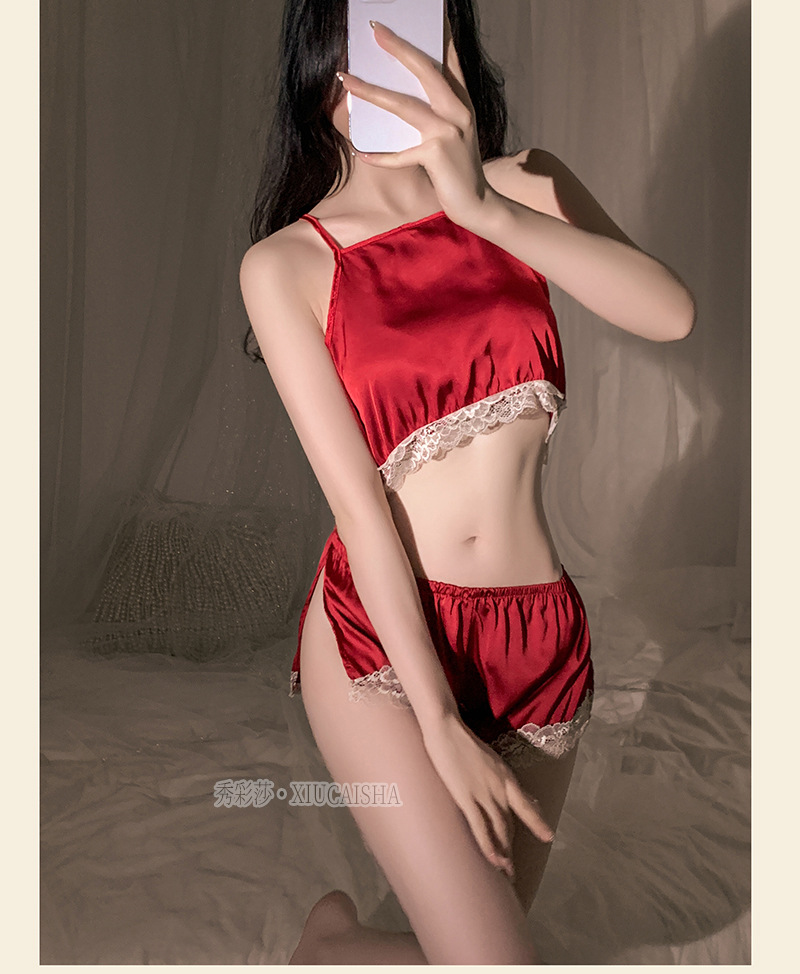 Women’s Sexy Split Sling Lingerie Set with Shorts and White Stockings, Pink One Size — detail image 18