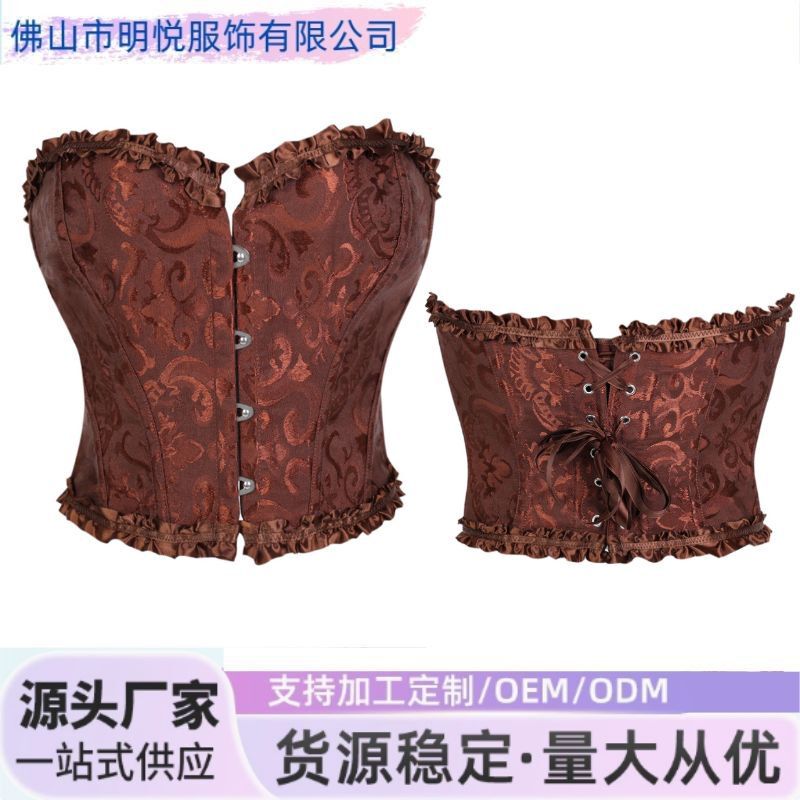 Short Jacquard Brown Lace Front Buttoned Tube Top Corset Fishbone Bra for Women Amazon Aliexpress Cross-Border Goods