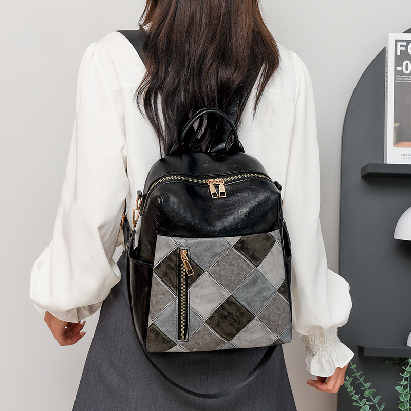 Women's New European And American Retro Women's Backpack PU Soft Leather Fashionable Diamond Grid Multifunctional Travel Backpack_voghion.com