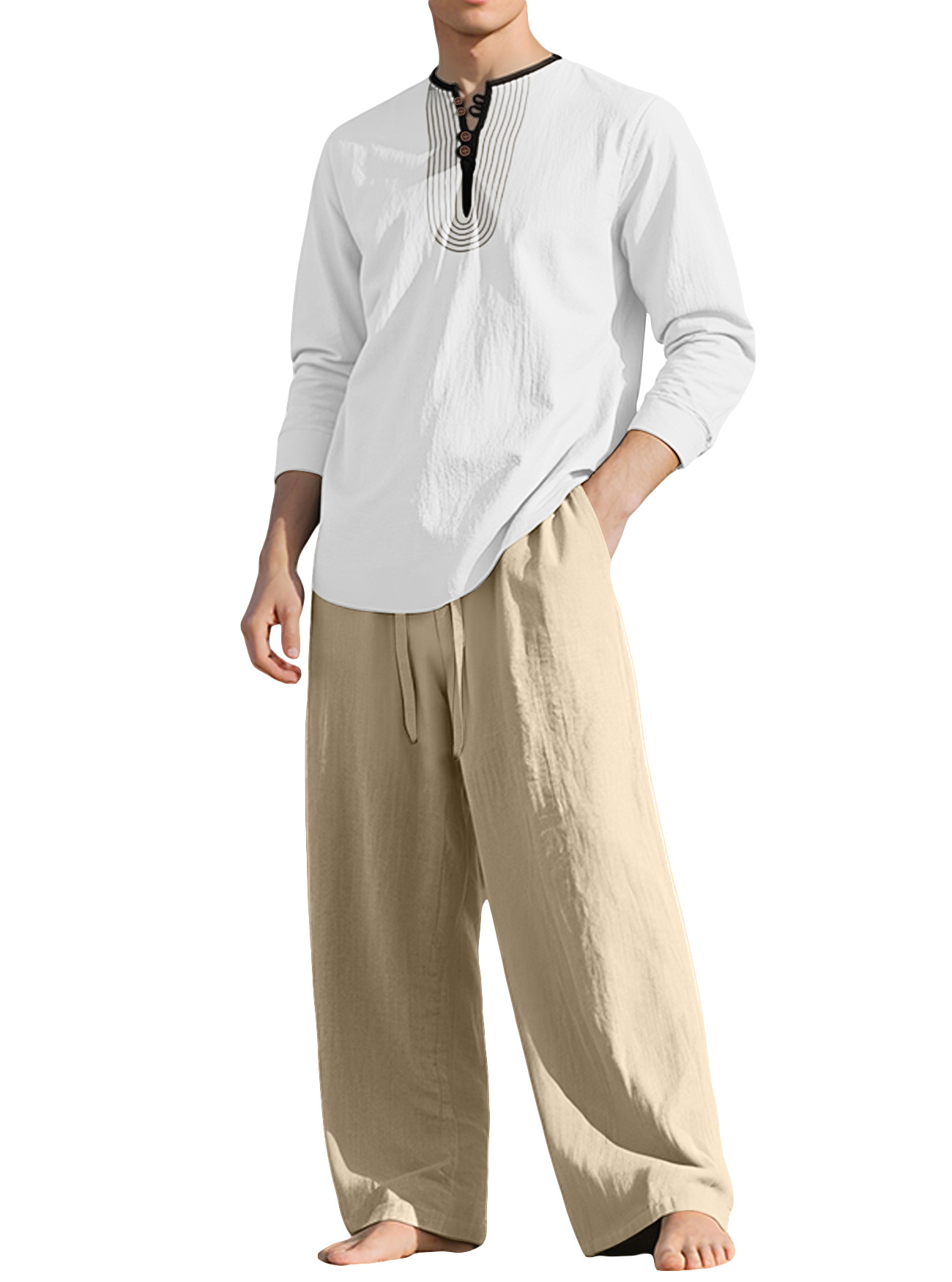 26 fábrica transfronteriza americana cuatro estaciones lino hombre relajado transpirable manga larga camisa de playa set en stock