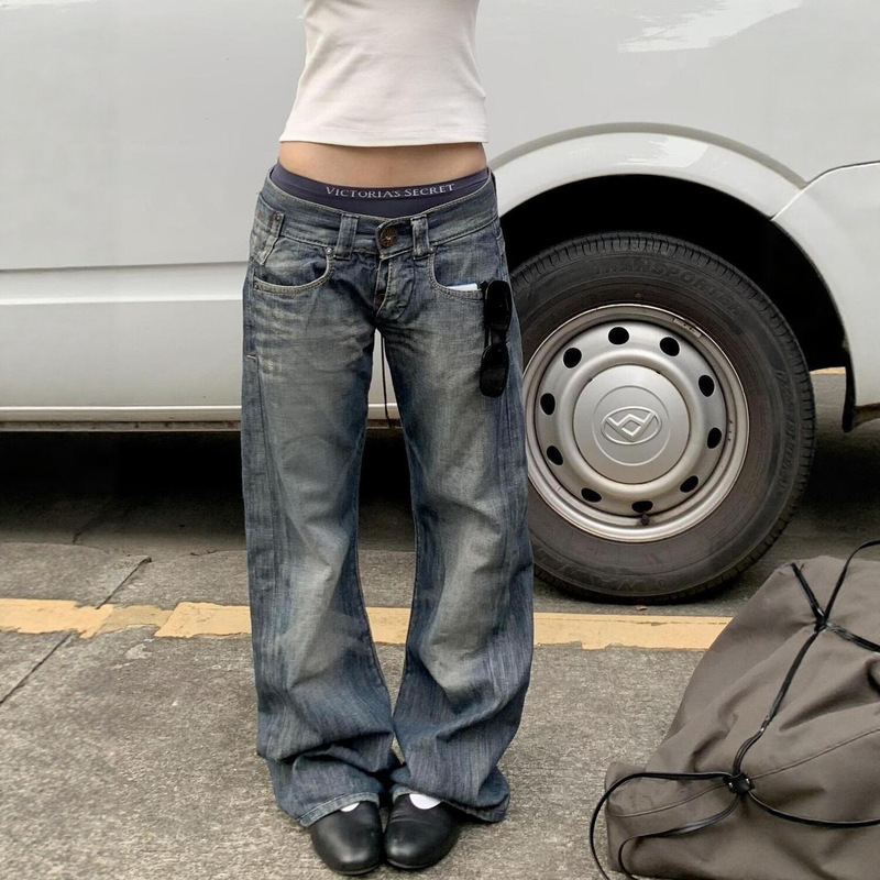 American Retro Washed Distressed Women's Jeans Street Straight Loose Slimming Wide-Leg Drape Long Pants Trendy Cross-Border