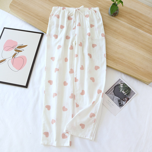 Women's Seasonal Thin Cotton Double Gauze Pajama Pants with Side Pockets, Wearable Outside, Home Pants, Thin Air Conditioning Pants