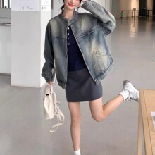 美式复古水洗做旧蓝色牛仔外套女生秋冬设计感慵懒风工装夹克上衣
