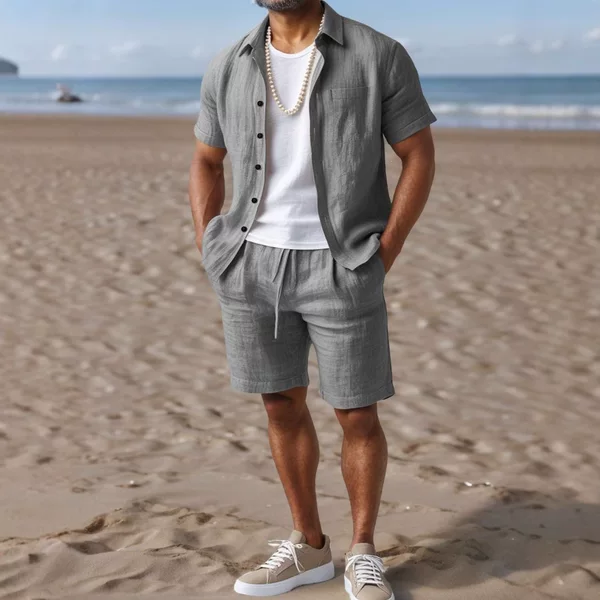 2026 Cross-Border Men's Casual Suit Linen Loose Button-Down Shirt Solid Color Outdoor Beach Pants Set for Men