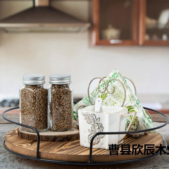 Amazon kitchen wooden iron rotating storage rack storage organizer spice jar rotating tray