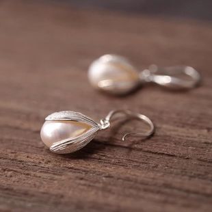 Xiaohongshu 999 Sterling Silver Earrings Natural Freshwater Pearl Ear Hook Earrings Women's Earrings as a Birthday Gift for Mom