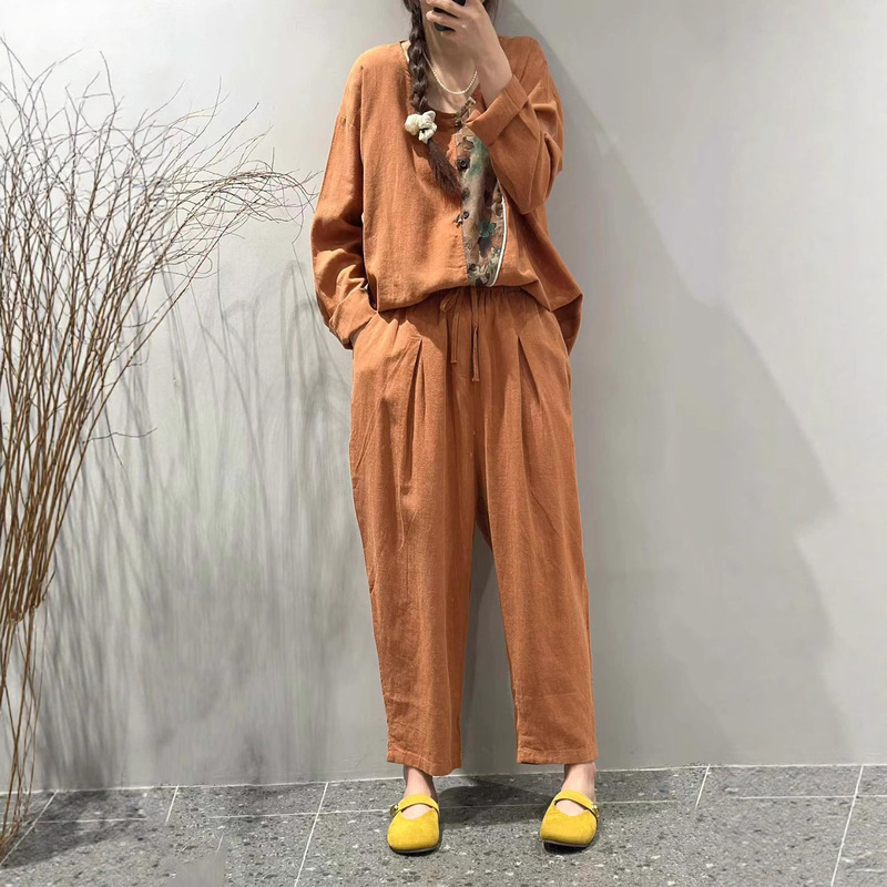 Cz25168 New Style Linen Round Neck Long-Sleeved T-Shirt Simple Elastic Waist Tie Casual Versatile Slimming Carrot Pants for Women