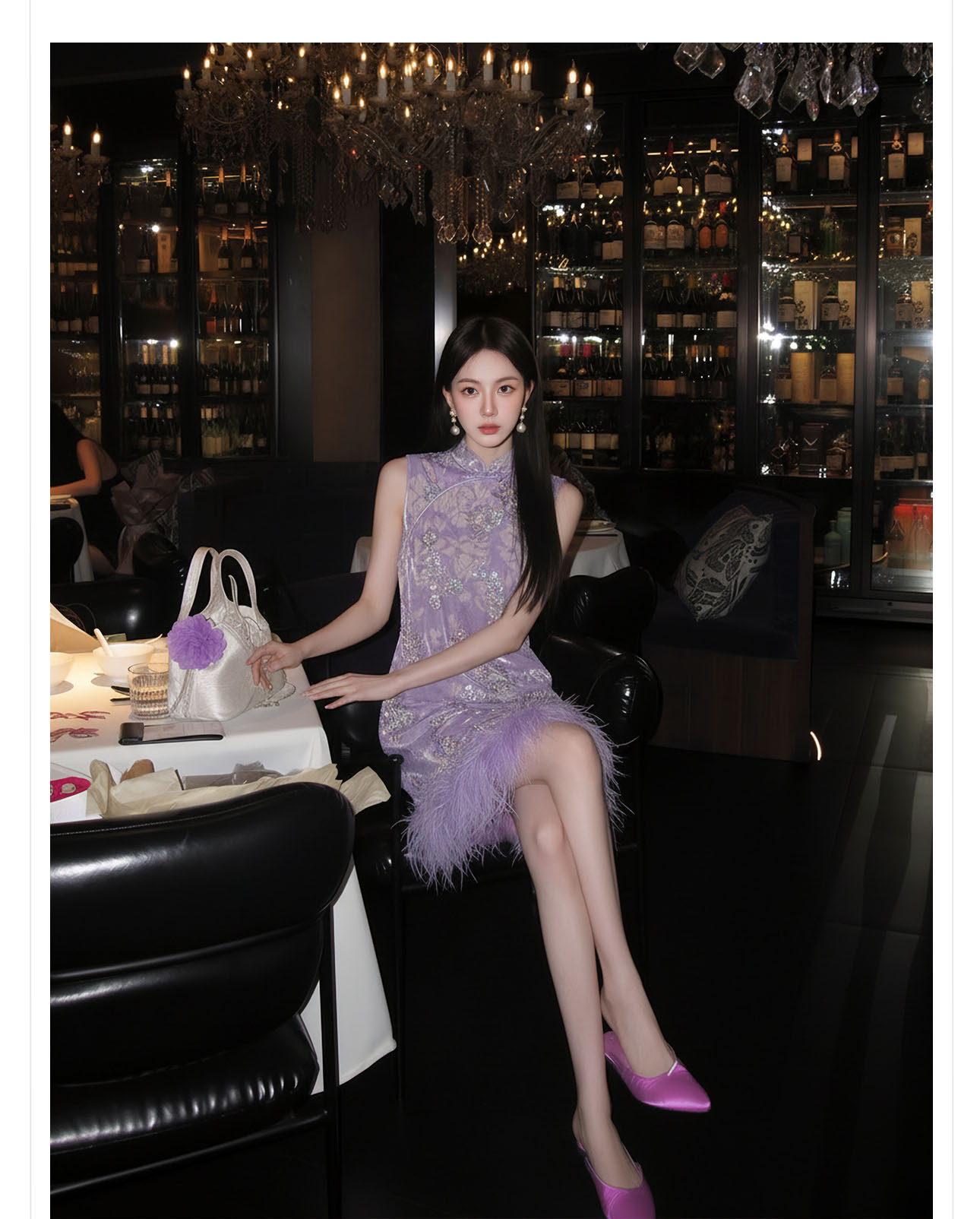 Đầm maxi nữ thắt eo phong cách cổ điển sang trọng kết hợp lông đà điểu và đính sequin thêu — màu tím chi tiết 4