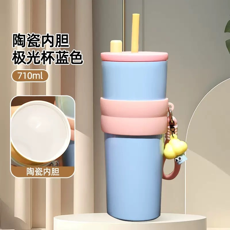新款高颜值大容量不锈钢保温杯冰霸杯带提绳渐变吸管杯子车载水杯|undefined