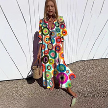 2024跨境亚马逊女装新款大码款缩褶欧美独立站印花气质通勤连衣裙