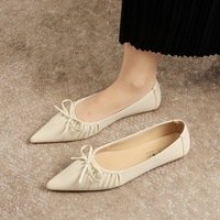 2873-19 Korean version one foot flat shoes with bow, Japanese style flat heel, shallow mouth, wrinkled pointed toe, versatile single shoe