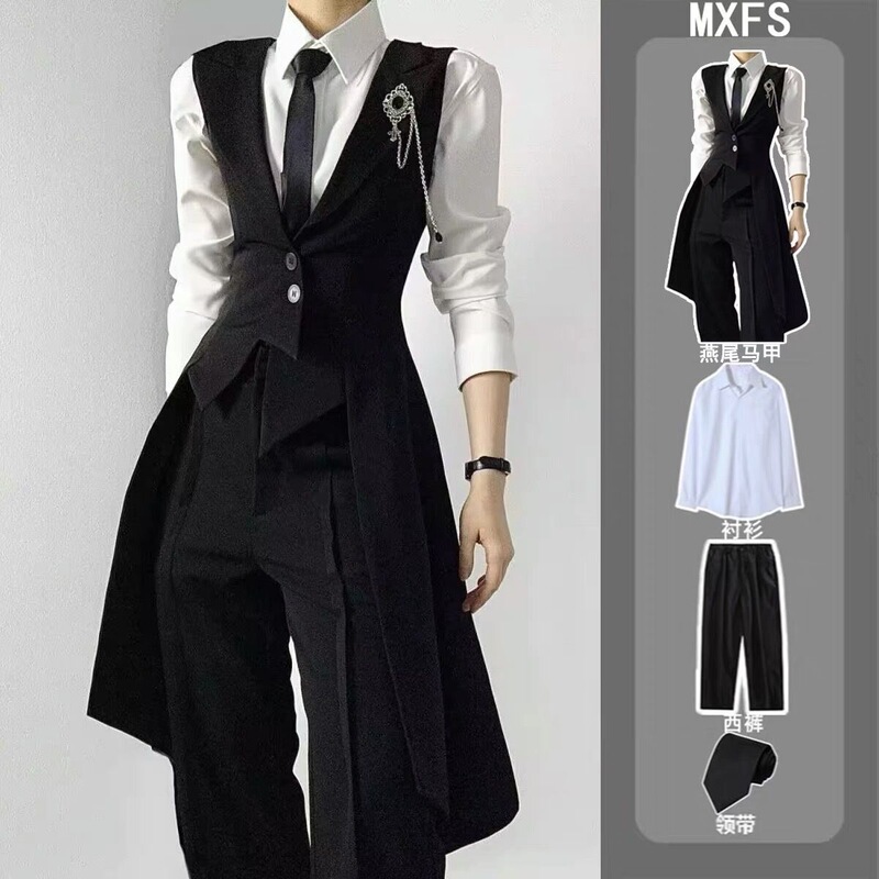 Black Long Tuxedo Vest, Stylish Unisex Slim-Fit College-Style Gilet