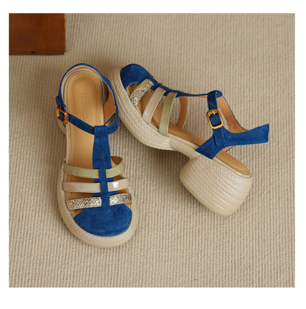 Sandal nữ quai chữ T đan dây đế dày gót thô 6.5cm phong cách La Mã — Màu xanh da trời chi tiết 13