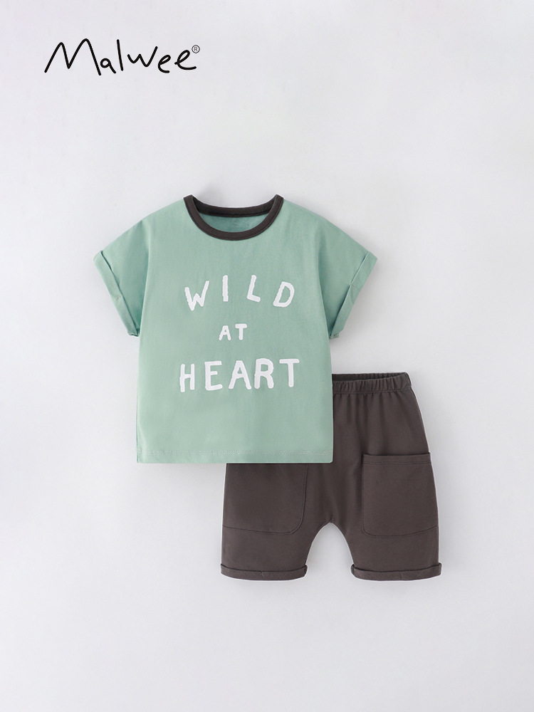 Malwee niños traje de verano nuevos niños europeos y americanos de cuello redondo impreso de manga corta pantalones elásticos de dos piezas conjunto