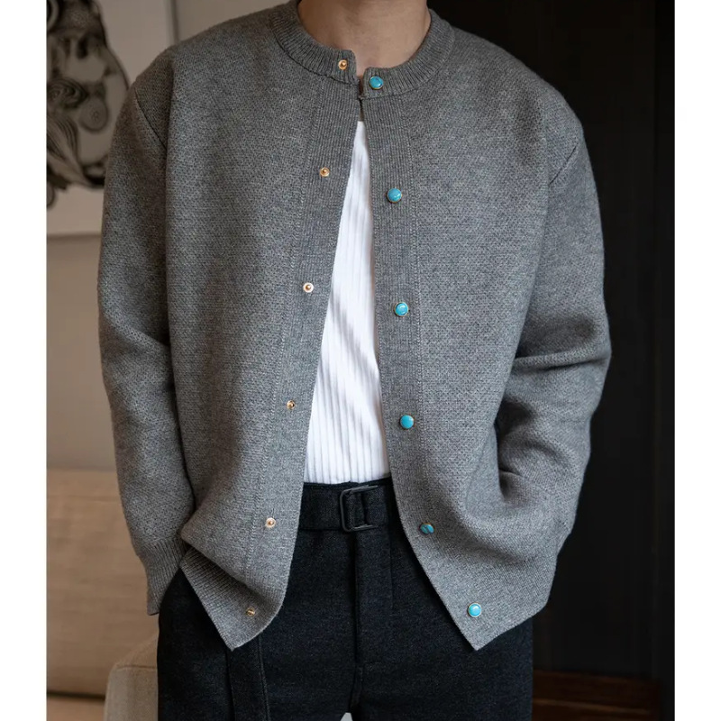 Autumn and Winter Couple's New Turquoise Round Neck Button Knitted Cardigan Men's Versatile Loose Casual Trendyy Sweater Jacket