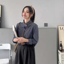 时尚格子立领衬衫女春季新款韩系复古叠穿设计感小众百搭开衫上衣