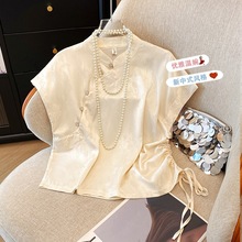 实拍新中式复古斜襟短袖t恤女装夏季气质轻国风收腰抽绳短款上衣