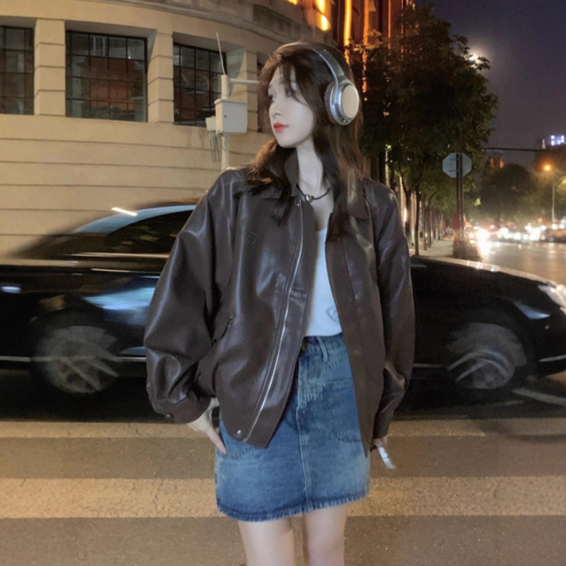 美式复古长袖皮衣外套女初秋季宽松翻领上衣小众设计感PU皮机车服|undefined