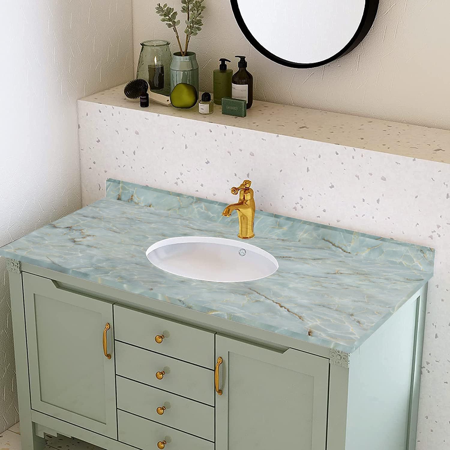 Green Jade Self-Adhesive Peel Stick Waterproof Marble Wallpaper Bathroom Suitable For Cabinets And Kitchens_voghion.com
