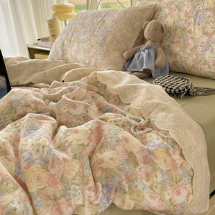 Spring and Summer New Style French Lace Oil Painting Style Pure Cotton Double-Layer Yarn Four-Piece Set -- Cross-Border