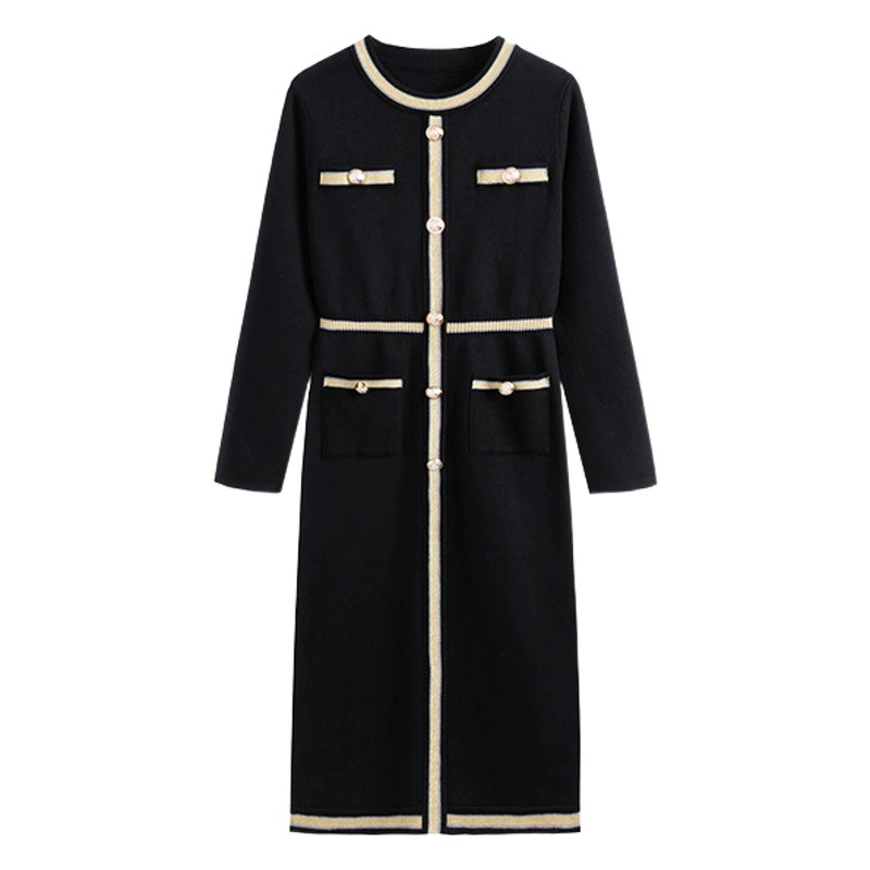 Длинное облегающее трикотажное платье в стиле Chanel для женщин, новинка осени и зимы 2025 года, базовое платье-хепберн с длинными рукавами, маленькое черное платье.