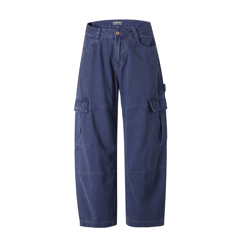 City Essentials 2026 Spring New Washed Vintage Navy Blue Straight-Leg Workwear Multi-Pocket Casual Pants