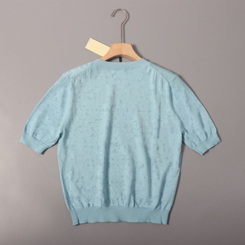 2026 New Style Women's Hollow-Out Short-Sleeved Knitwear Light Blue Round Neck 2026 New Style Women's Hollow-Out Short-Sleeved Knitwear Light Blue Round Neck