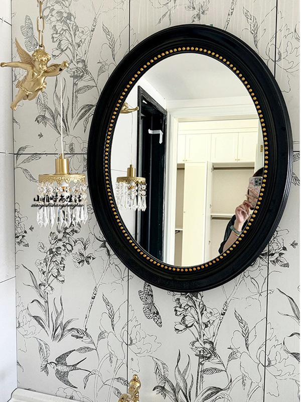 Retro French Oval Black Mid-Century Style Bathroom Mirror Wall-Mounted Mirror Decorative Frame Bathroom Mirror