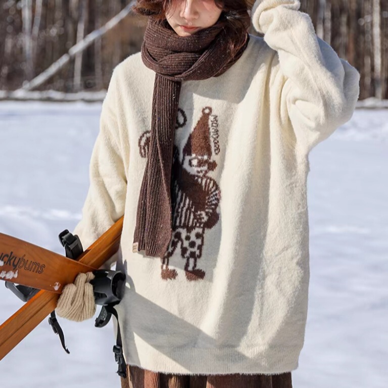 madgood1 Ma's Construction Site Japanese Retro Loose Autumn and Winter Festival Clown Jacquard Imitation Mink Sweater Thickened