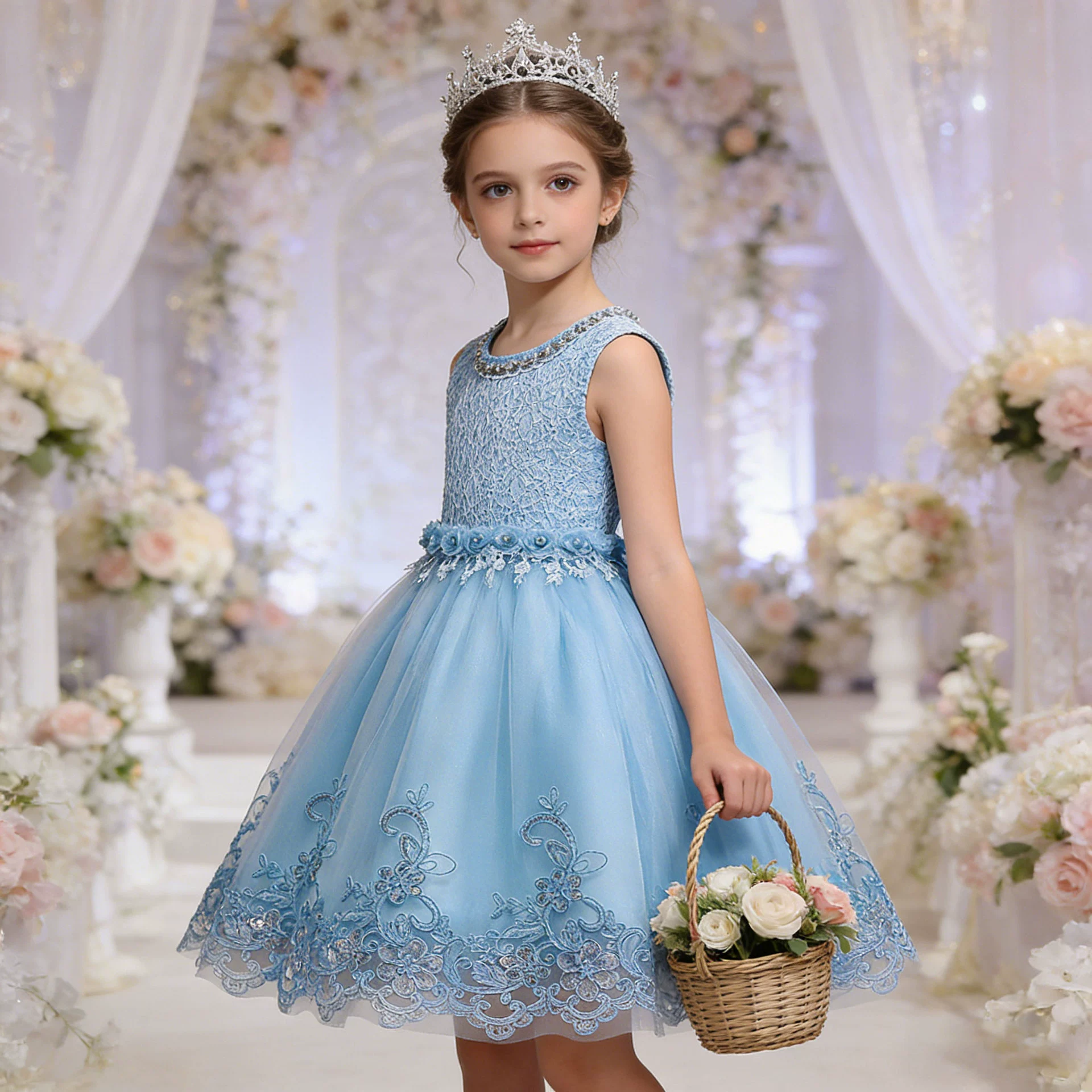 Children's white evening dress, beaded bracelet, wedding dress, summer skirt, tank top, tulle