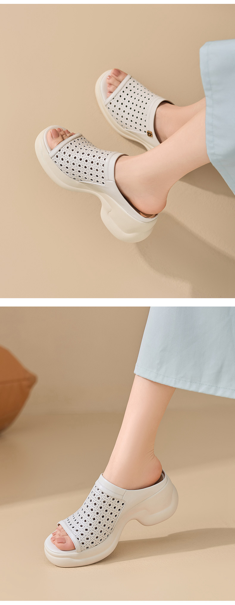 Dép sandal nữ da bò đục lỗ đế bánh xốp dày gót cao nhẹ — màu trắng ngà chi tiết 6