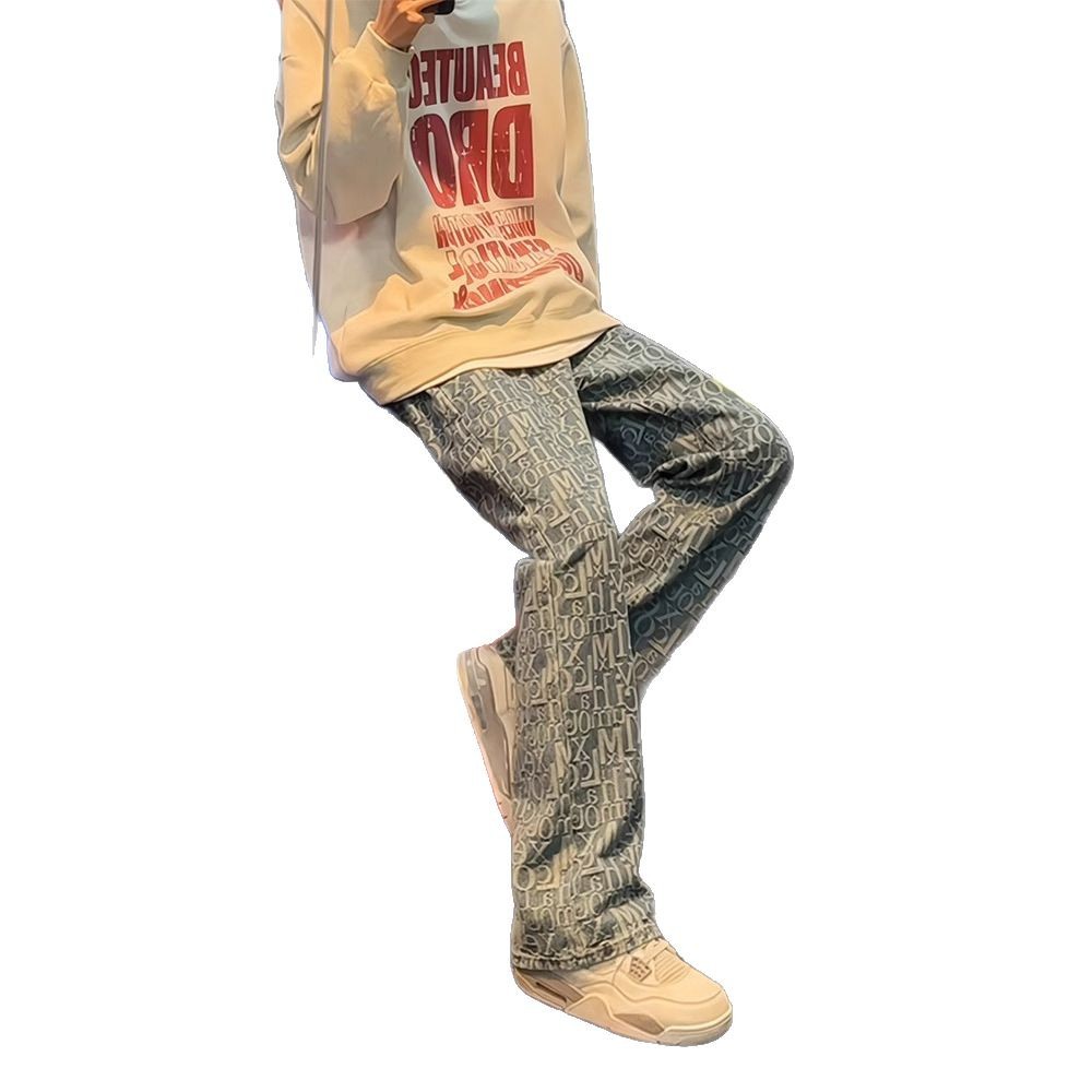 light blue Letter Jacquard Full Print Jeans Men's Spring American Style Fashion Brand vibe Slim Fit Scimitar Pants