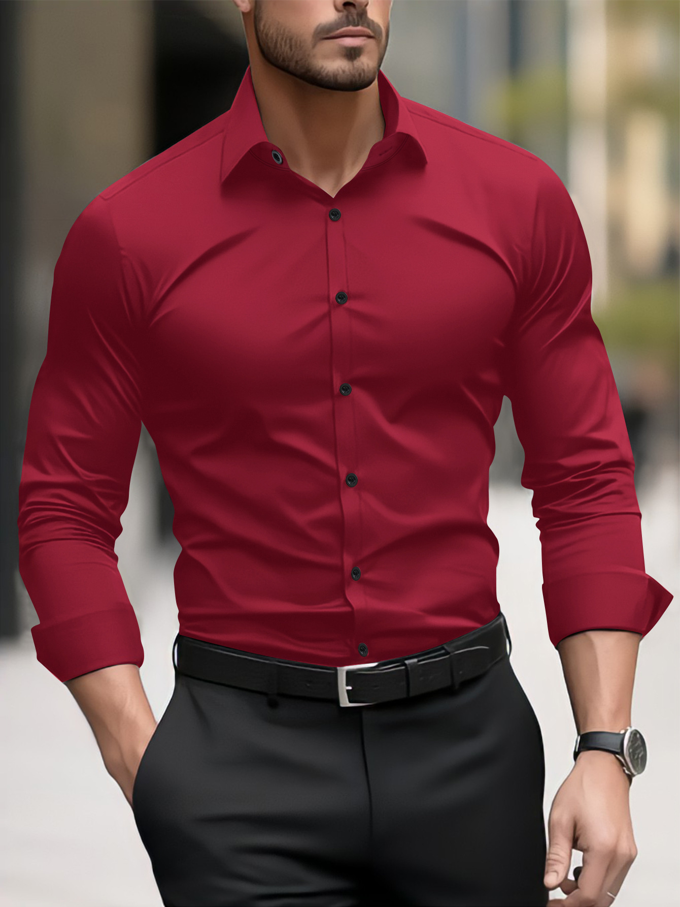 Men's Clothing Fashion Business Casual Pigment Men's Long Sleeved Shirt Red_voghion.com