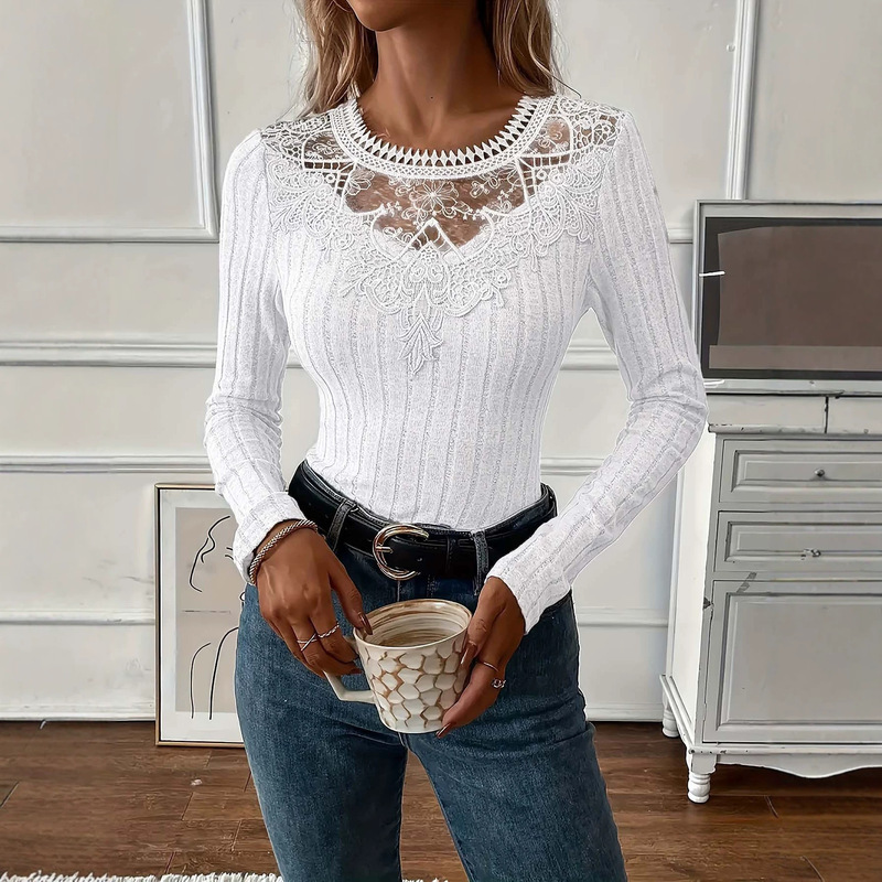 New European and American Amazon women's tops, long-sleeved tops, 2026 autumn and winter fashion casual V-neck lace hot-selling item New European and American Amazon women's tops, long-sleeved tops, 2026 autumn and winter fashion casual V-neck lace hot-selling item