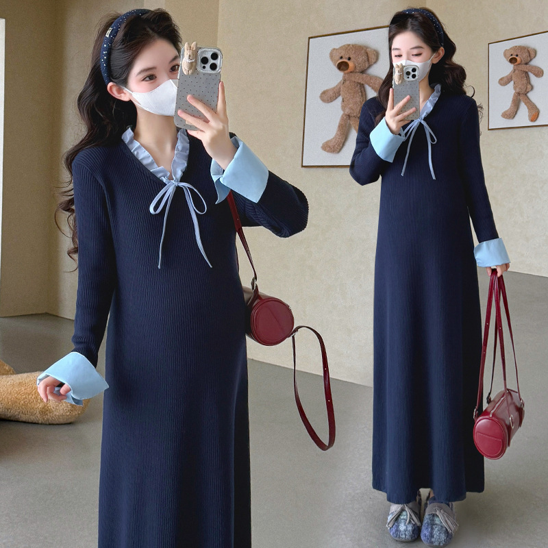 2025 New Winter Maternity Dress Fashionable Elegant Age-Reducing Extended High-Quality Thickeneded Core-Spun Yarn Maternity Dress